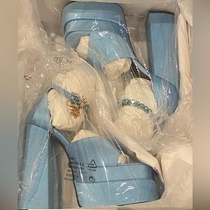 Brand New Blue Versace Aevitas Double Platform Satin Heels